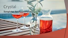  Presentation with blue rose - Presentation theme with two glasses of rose wine with olives against blue water on a pier background and a light blue colored foreground