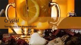  Presentation with romantic christmas - Presentation theme enhanced with two glasses of tea with christmas decoration at romantic fireplace background and a gold colored foreground