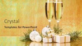  Presentation with golden christmas - Amazing slide deck having two glasses with champange fir tree branch gift boxes and christmas decorations on a golden background new year and christmas backdrop and a yellow colored foreground