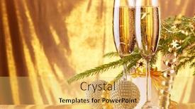  Presentation with fir tree - Slides having two glasses with champange fir tree branch gift box and christmas toy on a gold background new year and christmas background and a yellow colored foreground