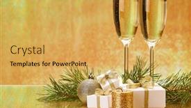  Presentation with golden christmas - PPT theme consisting of two glasses with champange fir tree branch gift boxes and christmas decorations on a golden background new year and christmas background and a yellow colored foreground