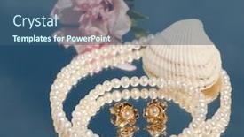  Presentation with hibiscus - Theme featuring two golden pearl ear rings inside a pearl necklace with a seashell and a hibiscus blossom background and a ocean colored foreground