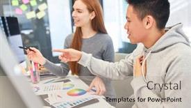  Presentation with find - Cool new theme with two-graphic-designers-or-developers backdrop and a soft green colored foreground