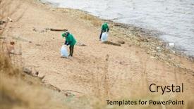  Presentation with utility workers - Presentation having two greenpeace workers cleaning area background and a coral colored foreground