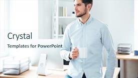  Presentation with coffee - Cool new PPT theme with two guy - thoughtful young man drinking coffee backdrop and a  colored foreground