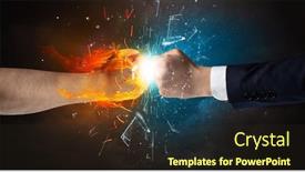  Presentation with fire fighting - Theme featuring two hands fighting and breaking glass into small pieces with fire and water concept background and a wine colored foreground