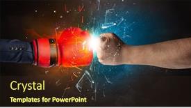  Presentation with fire fighting - Slide deck with two hands fighting and breaking glass into small pieces with fire and water concept background and a wine colored foreground