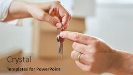  Presentation with house key - Audience pleasing PPT theme consisting of two-hands-pass-a-house backdrop and a coral colored foreground