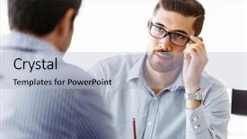  Presentation with businessmen overcome financial crisis - Amazing PPT layouts having two handsome businessmen in office backdrop and a light blue colored foreground