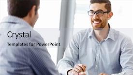  Presentation with businessmen overcome financial crisis - Slides enhanced with two handsome businessmen in office background and a light blue colored foreground