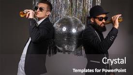  Presentation with black men - Beautiful PPT theme featuring two handsome confident young men in black suits and sunglasses standing near disco ball and drinking beer over black background backdrop and a dark gray colored foreground