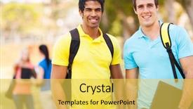  Presentation with college campus - Audience pleasing slide deck consisting of two handsome male college students outdoors on campus backdrop and a yellow colored foreground