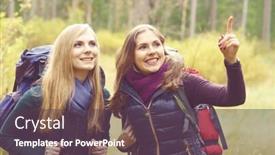  Presentation with tourism hiking - Amazing slide set having two happy and beautiful girls walking in forest and swamps camp tourism hiking concept backdrop and a tawny brown colored foreground