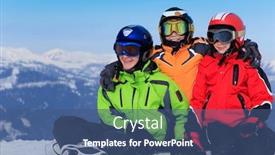  Presentation with two small brothers - Slides with two happy brothers with sister in ski helmets and goggles on snowy alpine mountain background and a ocean colored foreground