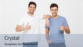  Presentation with jeans - PPT layouts having two happy buddies 30s wearing background and a light blue colored foreground