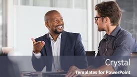  Presentation with marketing strategy - Amazing slide set having two-happy-business-colleagues backdrop and a dark gray colored foreground