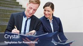  Presentation with files - PPT theme featuring two happy business people working together on files with tablet computer background and a ocean colored foreground