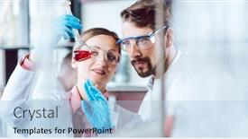  Presentation with chemical experiment - Presentation theme featuring two happy chemical scientists background and a light blue colored foreground