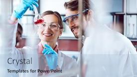  Presentation with chemical experiment - Cool new slide set with erlenmeyer - two happy chemical scientists backdrop and a light blue colored foreground