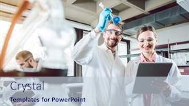  Presentation with chemical experiment - Presentation design featuring two-happy-chemical-scientists-during background and a lemonade colored foreground