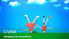  Presentation with heads - Slide deck with two happy children standing on their heads over blue sky in a bright summer day background and a forest green colored foreground