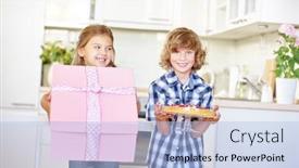  Presentation with children birthday - Amazing slide deck having two-happy-children-with-gift backdrop and a light blue colored foreground