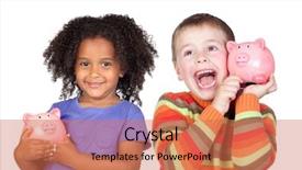  Presentation with children brain power - Cool new slides with two happy children with moneybox backdrop and a coral colored foreground
