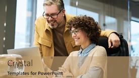  Presentation with online meeting - PPT theme featuring two-happy-colleagues-looking background and a coral colored foreground