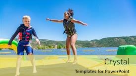  Presentation with diverse kids - Colorful presentation theme enhanced with two-happy-diverse-kids-jumping backdrop and a yellow colored foreground