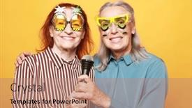  Presentation with elderly - Theme having two-happy-elderly-female-friends and a coral colored foreground