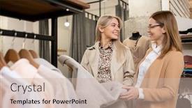  Presentation with females - Beautiful PPT theme featuring two-happy-elegant-females-looking backdrop and a soft green colored foreground