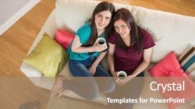  Presentation with friends eating and drinking wine - Amazing presentation design having two happy friends drinking coffee backdrop and a  colored foreground