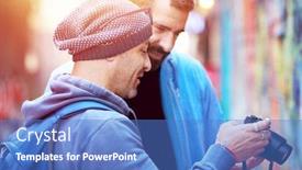  Presentation with outdoors - Theme with two-happy-friends-outdoors-conversing background and a  colored foreground