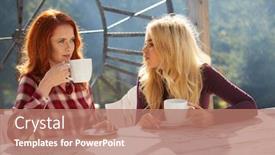  Presentation with friends - PPT layouts consisting of two-happy-friends-talking-outside background and a coral colored foreground