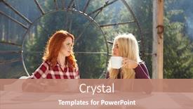  Presentation with friends - Colorful PPT layouts enhanced with two-happy-friends-talking-outside backdrop and a coral colored foreground