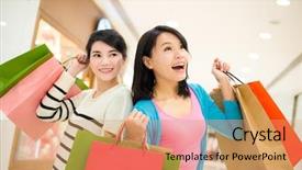  Presentation with mystery shopping - Colorful presentation theme enhanced with gift goes - two happy girl go shopping backdrop and a coral colored foreground