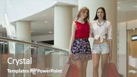  Presentation with walk by faith - Slide deck with two happy girlfriends on shopping walk on shopping centre with bags background and a coral colored foreground