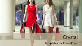 Presentation with walk - Slide deck with gift goes - two happy girlfriends on shopping background and a  colored foreground