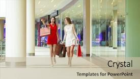  Presentation with middle east dubai mall shopping - Colorful slide set enhanced with gift goes - two happy girlfriends on shopping backdrop and a  colored foreground