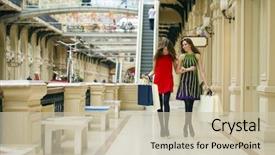  Presentation with walk - Presentation theme featuring gift goes - two happy girlfriends on shopping background and a soft green colored foreground