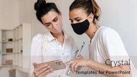  Presentation with masks - Presentation theme featuring two-happy-girlfriends-wearing-medical background and a coral colored foreground