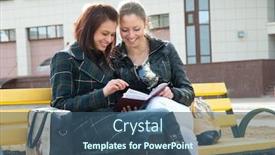  Presentation with album - Theme featuring two happy girls watch photos in album sitting on a bench outdoors background and a ocean colored foreground