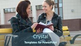  Presentation with album - Slides enhanced with two happy girls watch photos in album sitting on a bench outdoors background and a ocean colored foreground