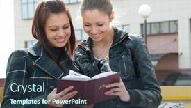  Presentation with album - PPT layouts consisting of two happy girls watch photos in album sitting on a bench outdoors background and a tawny brown colored foreground