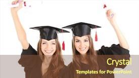 Presentation with students - Amazing PPT theme having two happy graduating students isolated on white backdrop and a tawny brown colored foreground