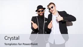  Presentation with two men climbing - Audience pleasing PPT layouts consisting of two happy handsome young men backdrop and a  colored foreground