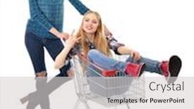  Presentation with supermarket trolley - Cool new slides with two happy hipster girls have fun in supermarket's trolley over white background backdrop and a light gray colored foreground