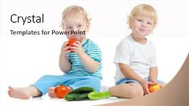  Presentation with kids food - Colorful presentation design enhanced with apple head small red - two happy kids eating healthy backdrop and a sky blue colored foreground