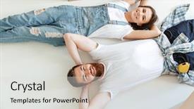  Presentation with lovers - PPT theme having two happy lovers lying on floor and looking up at camera isolated background and a light gray colored foreground