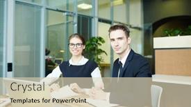  Presentation with managers - Cool new PPT theme with two-happy-managers-siting backdrop and a soft green colored foreground